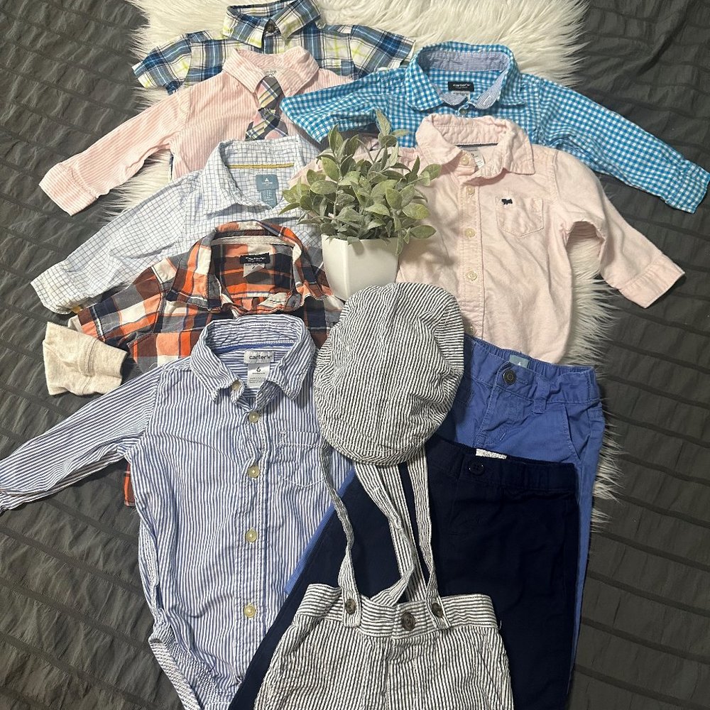 7 boys button ups, 2 dress pants and overalls with matching hat. 3-6/6 mo. [3F]